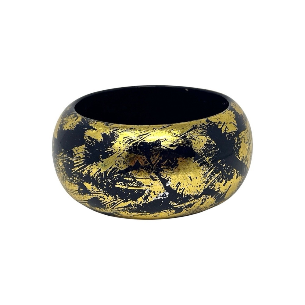 Wooden Bangle Bracelet Dark Blue Gold Foil Lacquered Chunky Statement